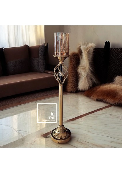 Ellis 77-2 80 cm Metal Gold Ayaklı Şamdan, Bal Köpüğü Renk Mumluk, Lüks Ev Ofis Dekoratif Obje