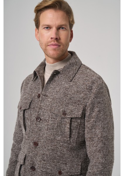 Erkek Kahve Trend Yünlü Dinamik Fit Gömlek Ceket modelleri