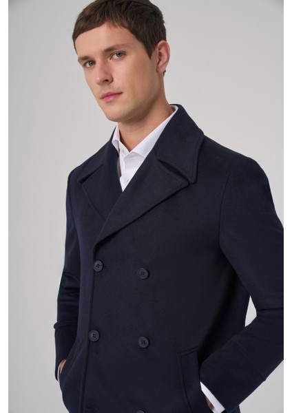 Erkek Lacivert Yünlü Kruvaze Dynamic Fit Sivri Yaka Kaban modelleri