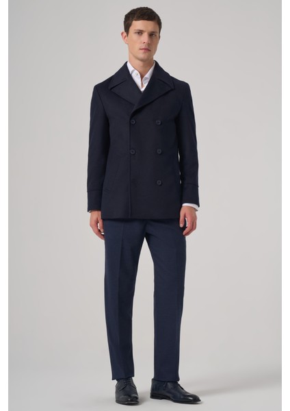 Erkek Lacivert Yünlü Kruvaze Dynamic Fit Sivri Yaka Kaban fırsatları