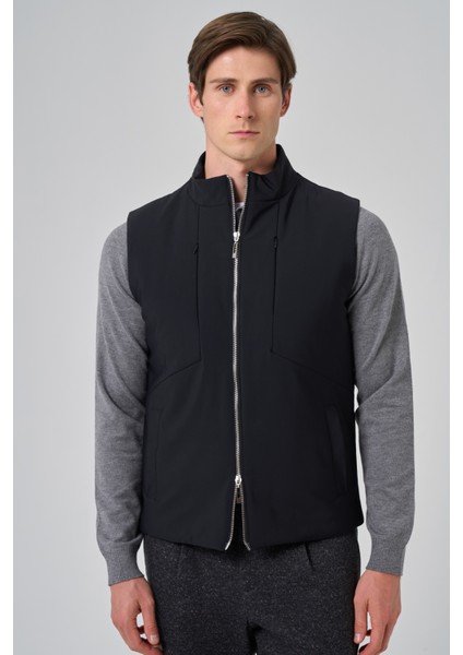 Erkek Siyah Polyamide Spor Gizli Cep Fermuarlı Yelek