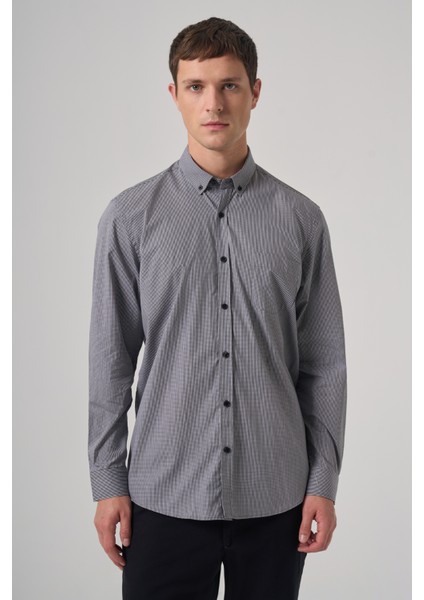 Erkek Siyah Pamuk Trend Pitikareli Regular Fit Düğmeli Yaka Gömlek