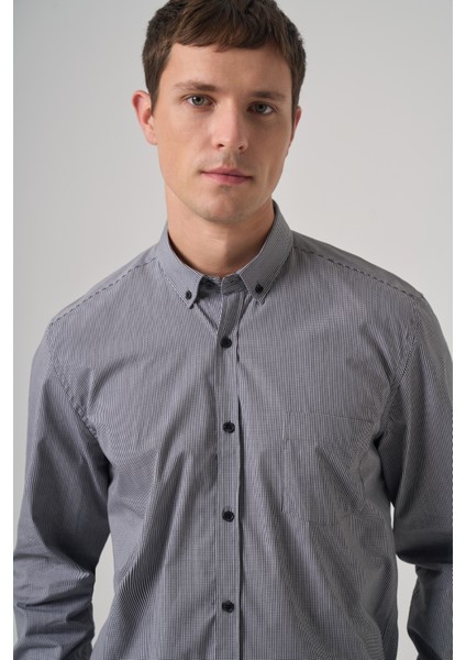 Erkek Siyah Pamuk Trend Pitikareli Regular Fit Düğmeli Yaka Gömlek modelleri