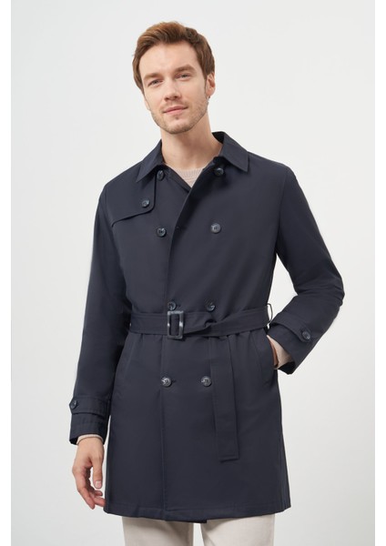 Erkek Lacivert Poliamit Kemerli Trençkot