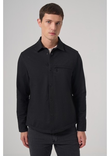 Erkek Siyah Poliviskon Trend Düz Dynamic Fit Worker Gömlek Ceket