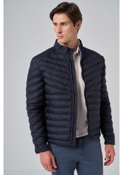 Erkek Lacivert Polyester Kısa Kapitone Mont