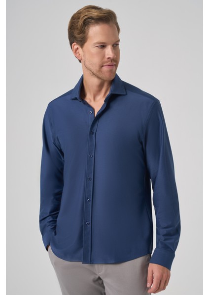 Erkek Lacivert Trend Düz Slim Fit Tam Italyan Yaka Gömlek