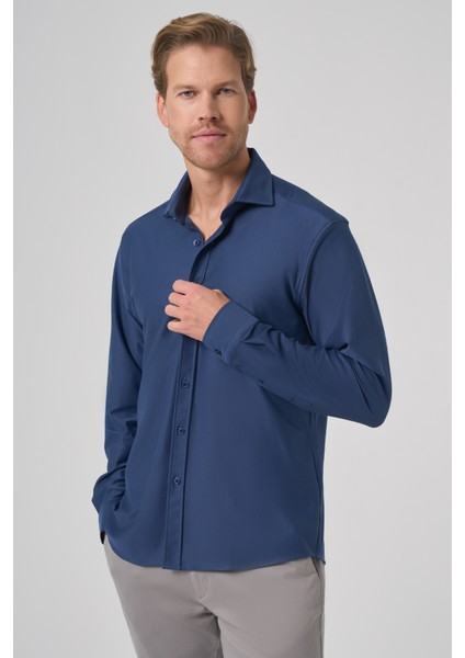 Erkek Lacivert Trend Düz Slim Fit Tam Italyan Yaka Gömlek fiyatları