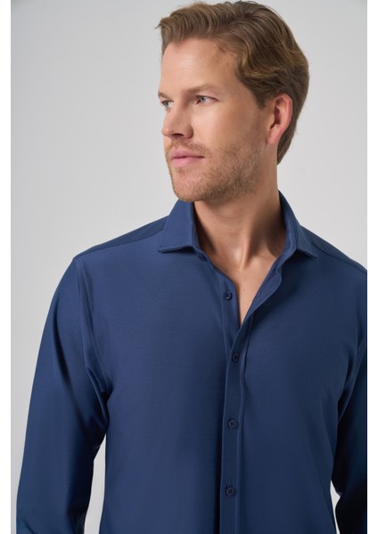 Erkek Lacivert Trend Düz Slim Fit Tam Italyan Yaka Gömlek modelleri