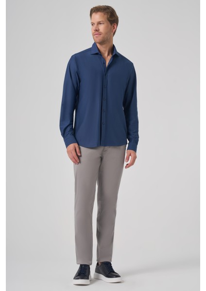 Erkek Lacivert Trend Düz Slim Fit Tam Italyan Yaka Gömlek fırsatları