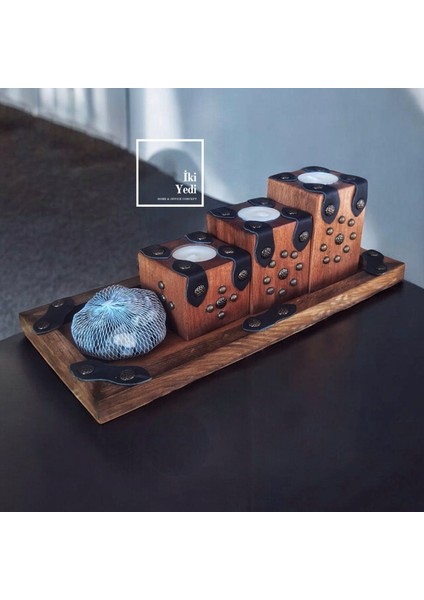 Dosena 77-3 Basamak Görünüm Ahşap Mumluk Takımı 3’lü Deri Detaylı Şamdan Seti Rustik Aksesuar