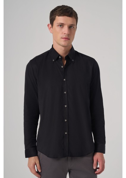Erkek Siyah Pamuk Trend Dynamic Fit Düğmeli Yaka Gömlek fiyatları