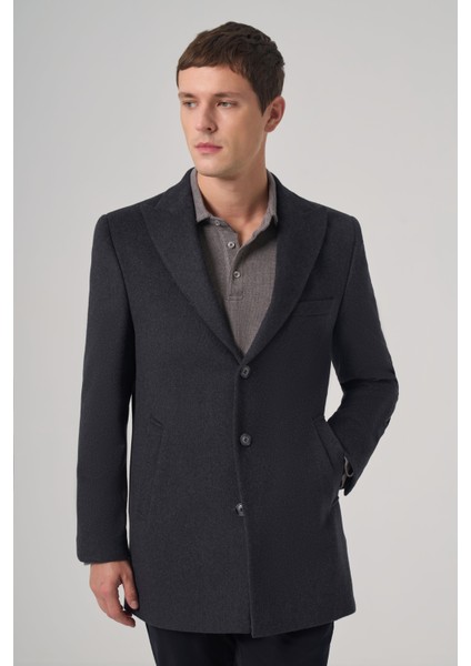 Erkek Füme Yünlü Düz Dynamic Fit Sivri Yaka Kaban