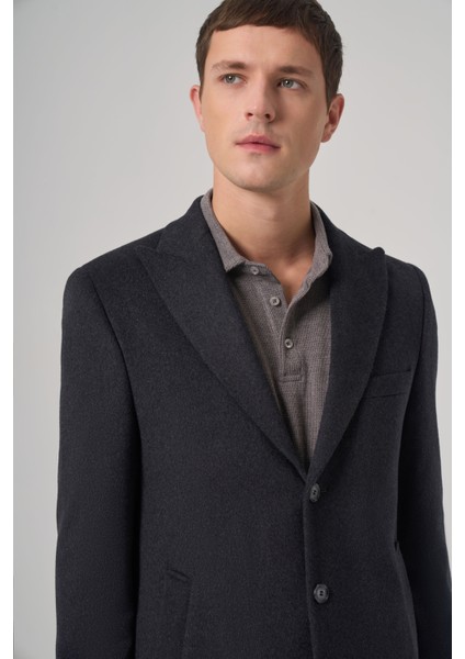 Erkek Füme Yünlü Düz Dynamic Fit Sivri Yaka Kaban modelleri