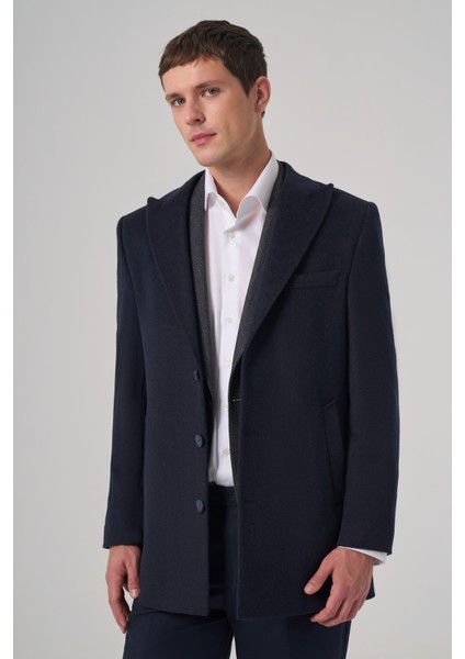Erkek Lacivert Yünlü Düz Dynamic Fit Sivri Yaka Kaban fiyatları