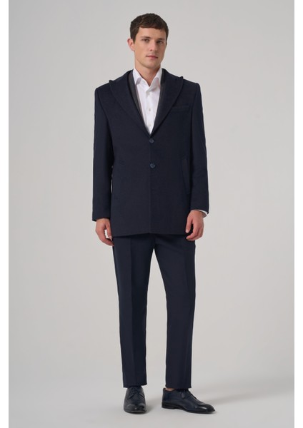Erkek Lacivert Yünlü Düz Dynamic Fit Sivri Yaka Kaban fırsatları