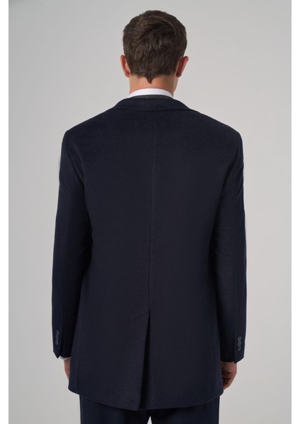 Erkek Lacivert Yünlü Düz Dynamic Fit Sivri Yaka Kaban indirimleri