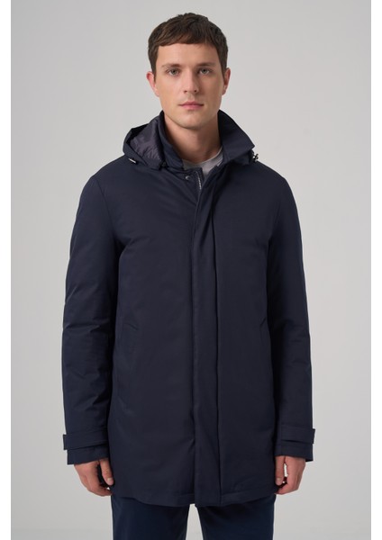 Erkek Lacivert Trend Çıkma Kapüşonlu Yakalı Uzun Mont