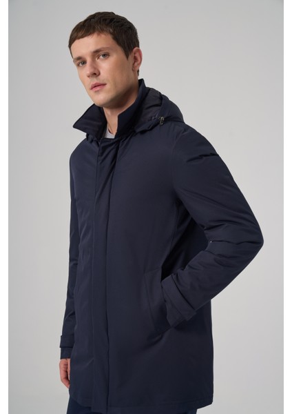Erkek Lacivert Trend Çıkma Kapüşonlu Yakalı Uzun Mont modelleri