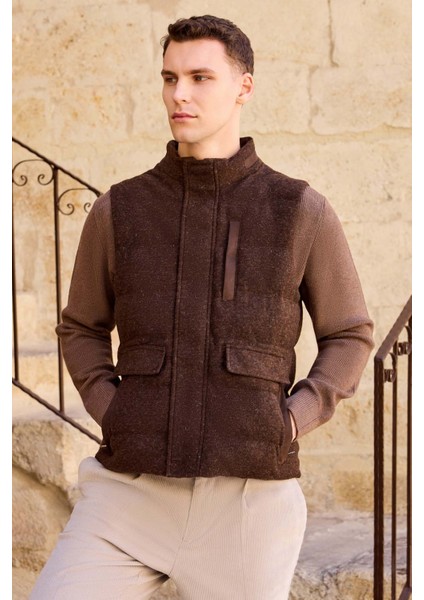 Erkek Kahve Trend Yünlü Dinamik Fit Şişme Yelek