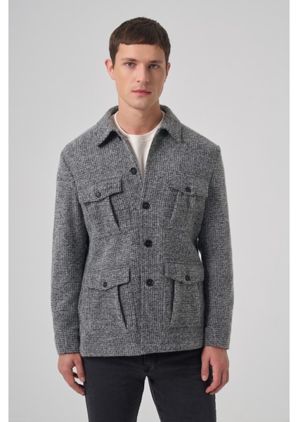Erkek Siyah Trend Yünlü Dinamik Fit Gömlek Ceket