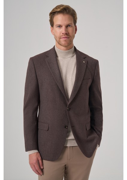 Erkek Kahve Poliviskon Dokuma Desenli Dynamic Fit Mono Yaka Ceket