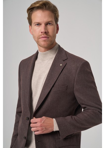 Erkek Kahve Poliviskon Dokuma Desenli Dynamic Fit Mono Yaka Ceket modelleri