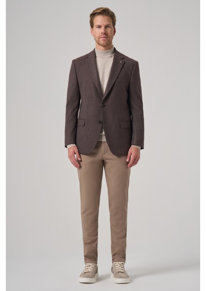 Erkek Kahve Poliviskon Dokuma Desenli Dynamic Fit Mono Yaka Ceket fırsatları