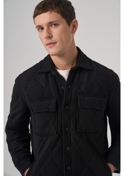 Erkek Siyah Yünlü Dynamic Fit Berberi Yaka Mont