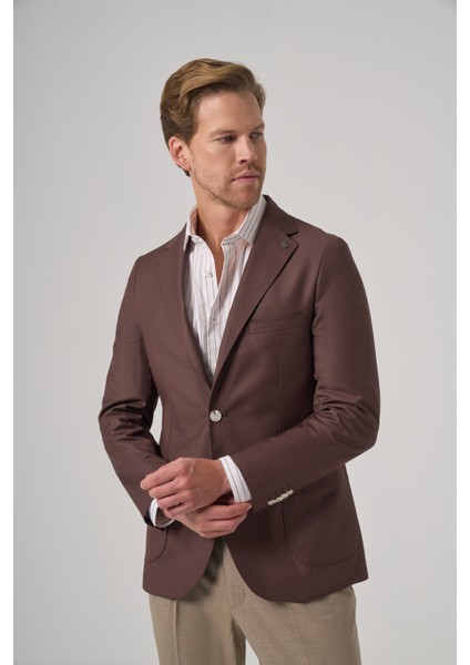 Erkek Kahve Slim Fit Mono Yaka Ceket