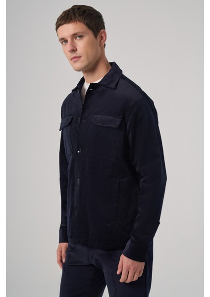 Erkek Lacivert Trend Çift Cepli Kadife Gömlek Ceket modelleri