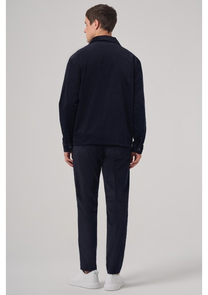 Erkek Lacivert Trend Çift Cepli Kadife Gömlek Ceket