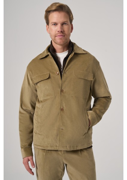 Erkek Bej Trend Çift Cepli Kadife Gömlek Ceket