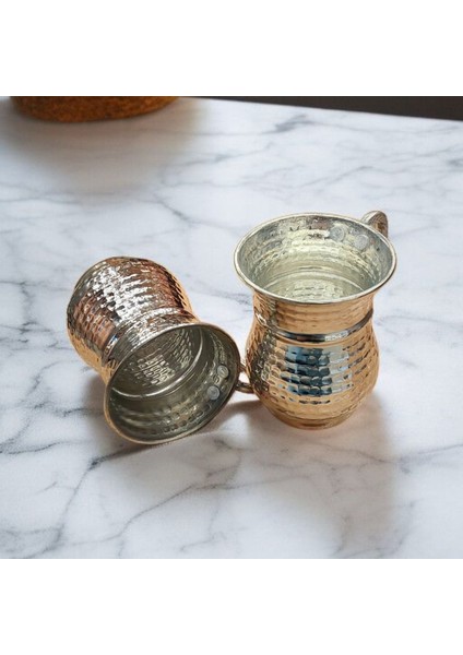 Nikelli Gümüş Kaplamalı Bakır Bardak & Bakır Kupa Dövme Bakır Ayran Bardağı Kulplu 2 Adet Maşrafa
