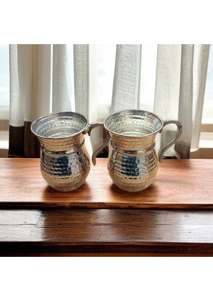 Nikelli Gümüş Kaplamalı Bakır Bardak & Bakır Kupa Dövme Bakır Ayran Bardağı Kulplu 2 Adet Maşrafa fırsatları