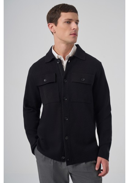 Erkek Siyah Trend Kapaklı Cepli Düğmeli Hırka