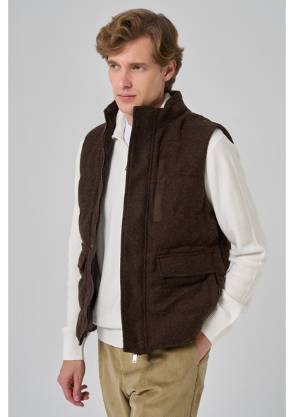 Erkek Kahve Trend Yünlü Dinamik Fit Şişme Yelek