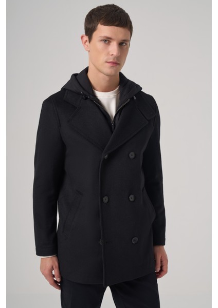 Erkek Siyah Yünlü Çıkma Yaka Kapüşonlu Dynamic Fit Kaban