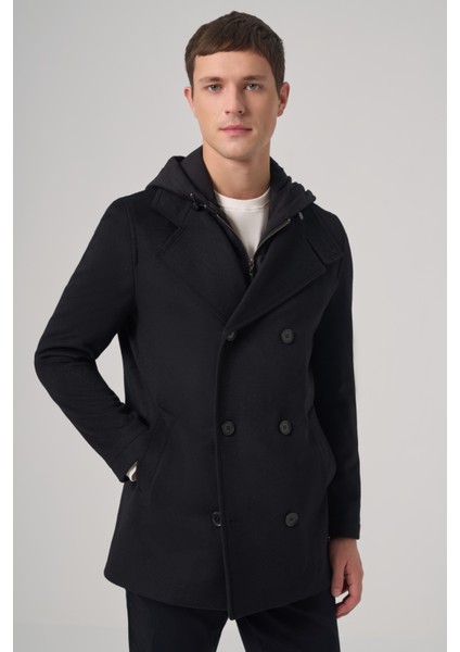 Erkek Siyah Yünlü Çıkma Yaka Kapüşonlu Dynamic Fit Kaban fiyatları