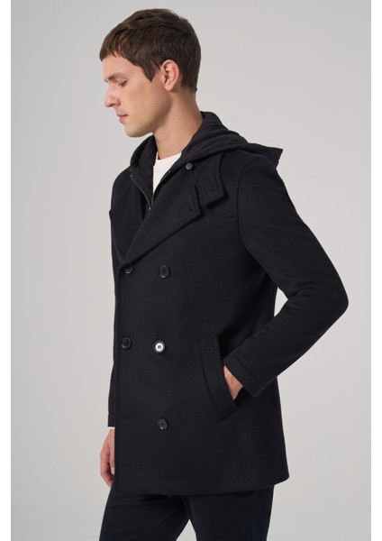 Erkek Siyah Yünlü Çıkma Yaka Kapüşonlu Dynamic Fit Kaban modelleri