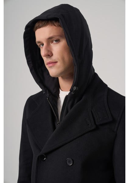 Erkek Siyah Yünlü Çıkma Yaka Kapüşonlu Dynamic Fit Kaban fırsatları