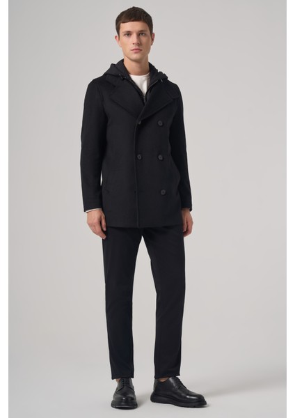 Erkek Siyah Yünlü Çıkma Yaka Kapüşonlu Dynamic Fit Kaban indirimleri