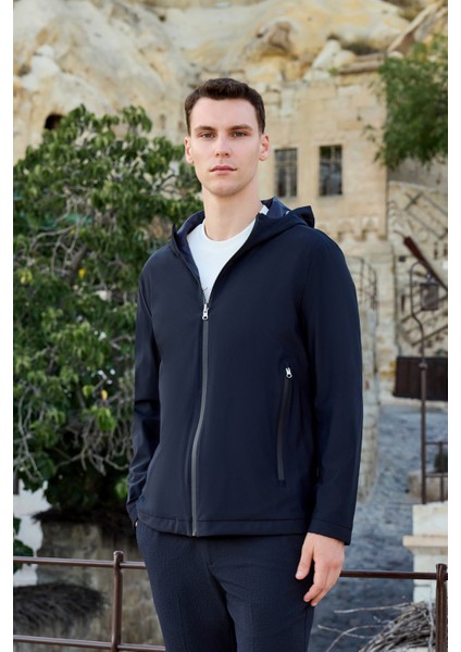 Erkek Lacivert Trend Çift Taraflı Kapüşonlu Mont