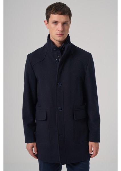 Erkek Lacivert Yünlü Dynamic Fit Borgio Çıkma Yakalı Kaban