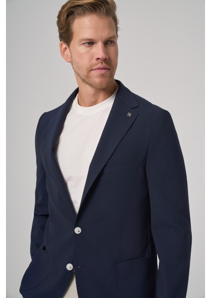 Erkek Lacivert Trend Slim Fit Mono Yaka Ceket modelleri