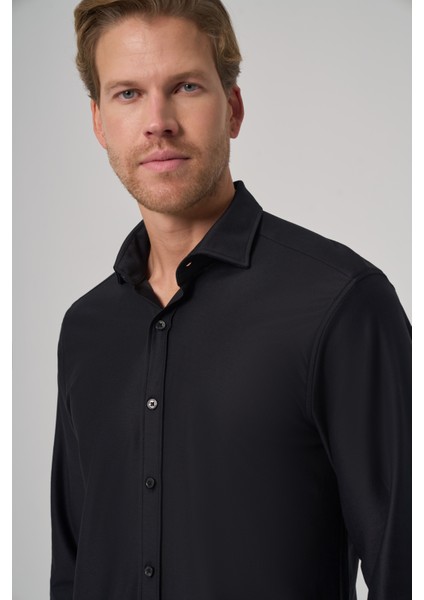 Erkek Siyah Trend Düz Slim Fit Tam Italyan Yaka Gömlek fiyatları