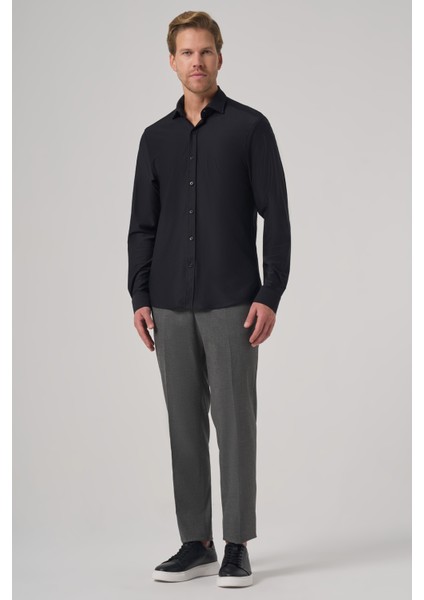Erkek Siyah Trend Düz Slim Fit Tam Italyan Yaka Gömlek modelleri