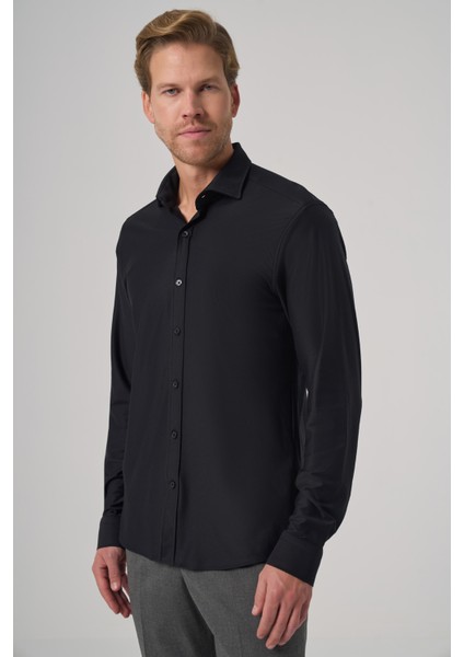 Erkek Siyah Trend Düz Slim Fit Tam Italyan Yaka Gömlek fırsatları