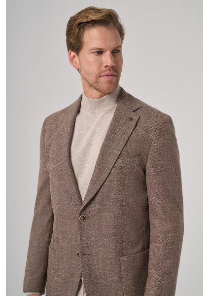 Erkek Kahve Poliviskon Trend Desenli Dynamic Fit Mono Yaka Ceket modelleri