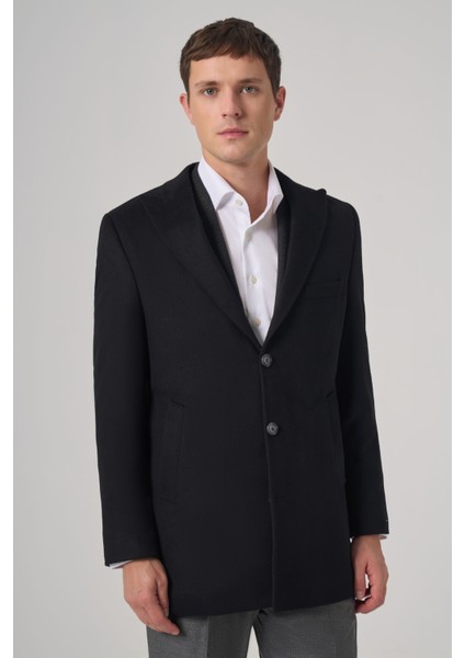 Erkek Siyah Yünlü Düz Dynamic Fit Sivri Yaka Kaban